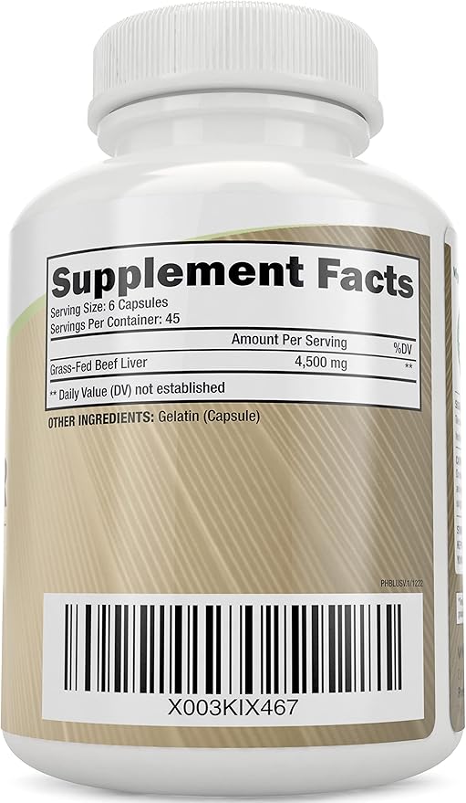 Grass Fed Beef Liver Capsules 4500mg - 270 Capsules, 750mg Each - Grassfed Desiccated Liver Supplement - Pasture Raised in Argentina Non GMO Hormone Free Source of Heme Iron CoQ10 Vitamins A & B12