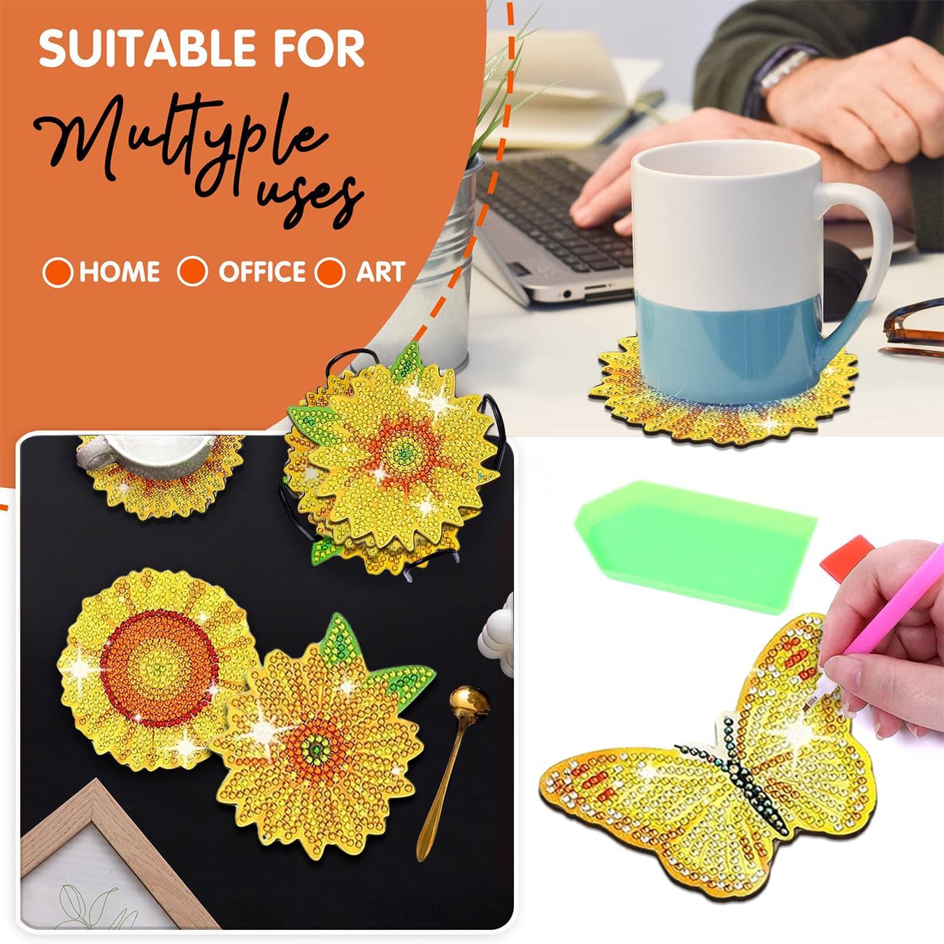 10 pcs Diamond Painting Coasters | Diamond Art Coasters | Sunflower Diamond Art Painting | Perfect Art Craft Gift for Sunflower Lover, Dad, Mom, Grandparents, Brother, Sister.