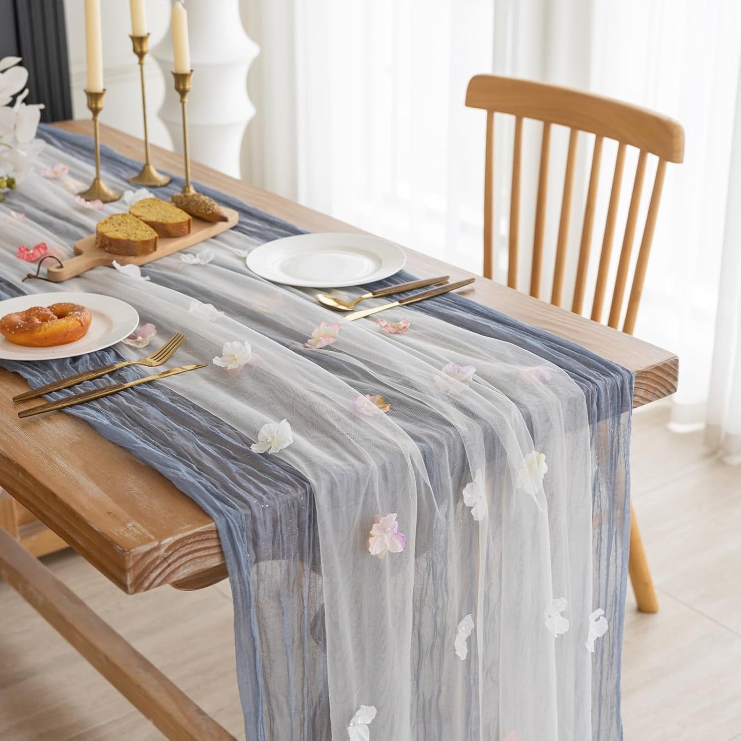 Romantic Artificial Floral Table Runner 10ft Gauze Tulle Lace Table Runner Set for Wedding Baby Shower Bridal Shower Holiday Kitchen Dining Table Decoration for Home Party Special Occasion