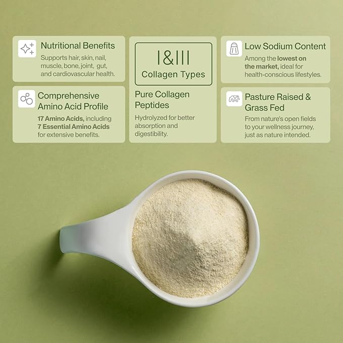 Collagen Peptides Powder Grass-Fed Pasture-Raised Hydrolyzed Collagen Powder, Type I & III Hair, Nails, Skin and Joints, Non-GMO, Paleo & Keto, Unflavored, 10 Fl oz. 30 Servings