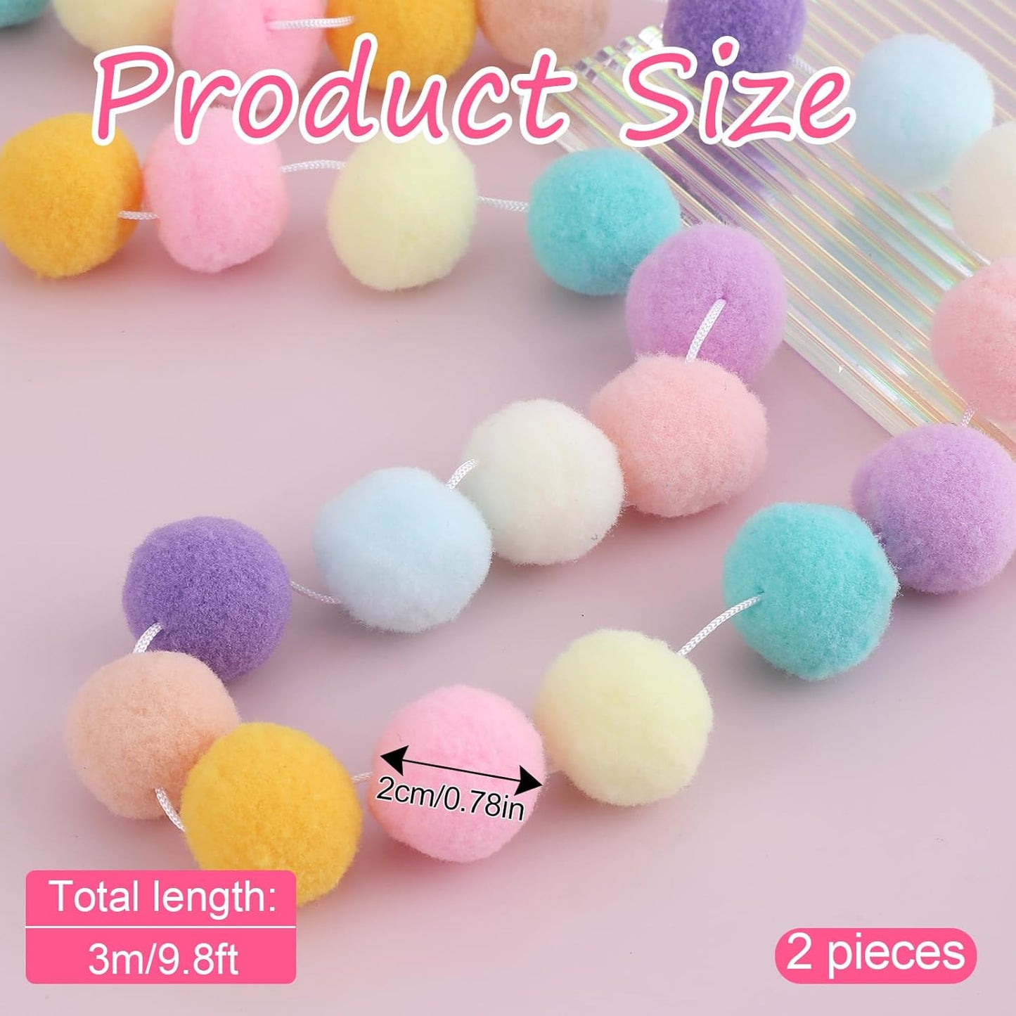 2 Pcs Pom Pom Garland 9.8 Feet 30 Balls Felt Ball Garland Pastel Ball Banner Cute Pompom Decorative Garland Rainbow Colorful Ball Ornament Garland for Wall Christmas Tree Decoration(10 Macaron Colors)