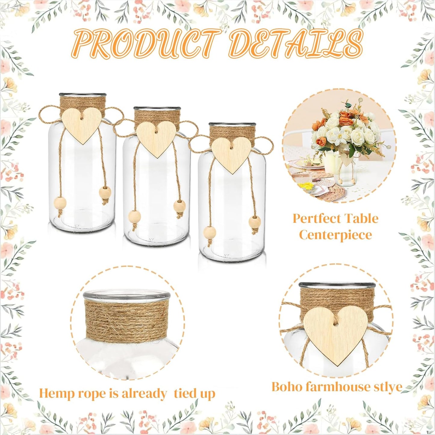 Vintage Glass Vases for Flowers, Set of 3 Mason Jar Vase Table Centerpieces for Farmhouse Room Decor, Wedding, Bridal Shower Bud Vase Set (Small)