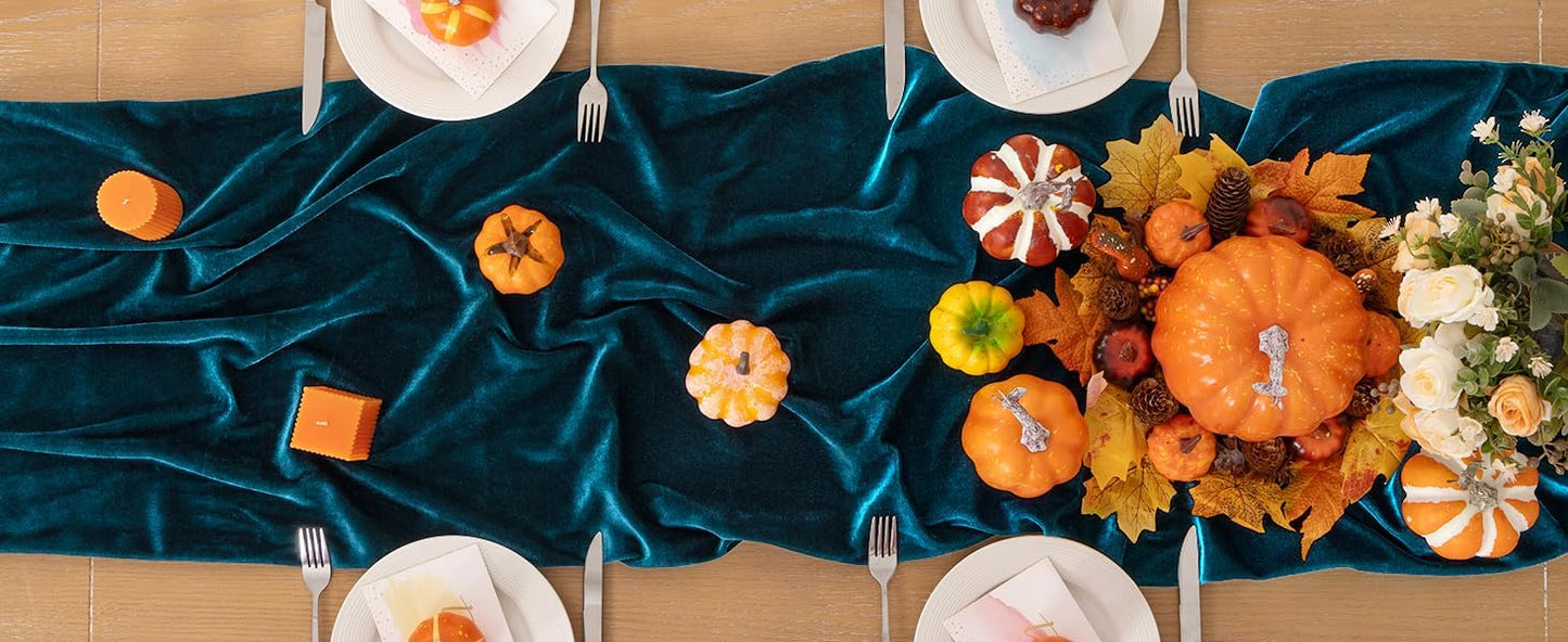 Peacock Green Velvet Table Runner 3 Pack Fall Thanksgiving Turquoise Table Runners 20 x 120 Inch Luxurious Elegant Velvet Fabric Table Decor for Christmas Dinner Wedding Bridal Baby Shower