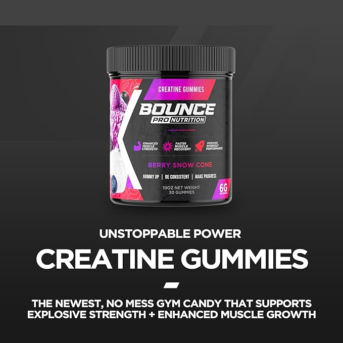 Bounce Pro Creatine Monohydrate Gummies for Men & Women, Low Calorie, 6G of Creatine per Serving, Vegan, Anti-Melting, Gluten-Free, Non-GMO, 2g of Creatine per Gummy (51ct, Berry Snow Cone)