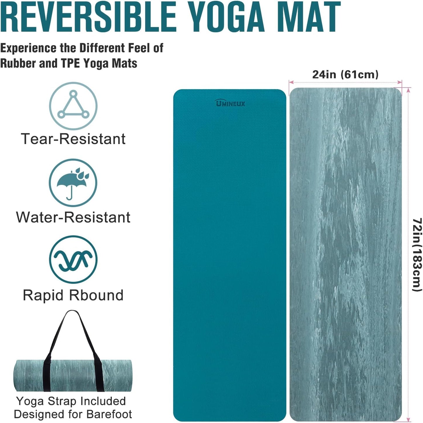 UMINEUX Extra Thick Yoga Mat, 2/5 Inch (10MM), Natural Rubber and TPE Non Slip Yoga Mats with Strap for Women Men, Eco Friendly Exercise Mat for Yoga, Pilates and Home Workout