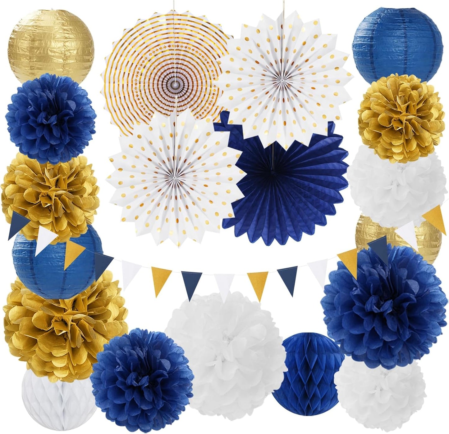 Navy-Blue White Gold Party-Decorations - 20pcs Graduation 2025 Paper Lanterns Fans,Tissue Pom Poms,Honeycomb Ball,Birthday Bridal Celebration Bachelorette Baby Shower Wedding Homecoming Decor Burgleda