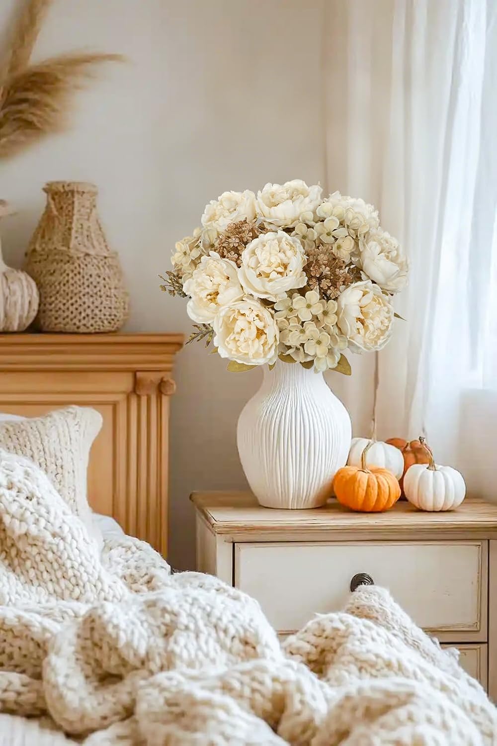 Hollyone 2Pcs Artificial Fall Flowers Bouquet 18.8" White Dried Peony Hydrangea Fake Fall Floral Silk Flowers Autumn Faux Flower Arrangement for Home Wedding Table Centerpiece Thanksgiving Party Decor