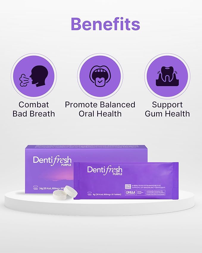 K-Nutra Dentifresh Xylitol Tabs Purple (24g, 30 Tablets) Holiday Gifts 4 Billion CFU, Sugar-Free Oral Probiotics for Teeth & Mouth, Bad Breath Gums, Safe for Bedtime, Mild Grape Flavor with OMULA