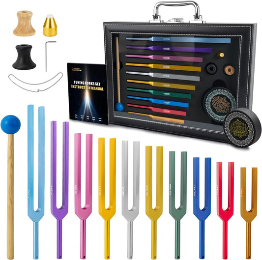 10 PCS Unweighted Tuning Fork for Healing Set, Multi-Color Chakra Tuning Forks, Aluminum Alloy Solfeggio Tuning Forks with Activator & feet (174-963Hz) for Sound Healing