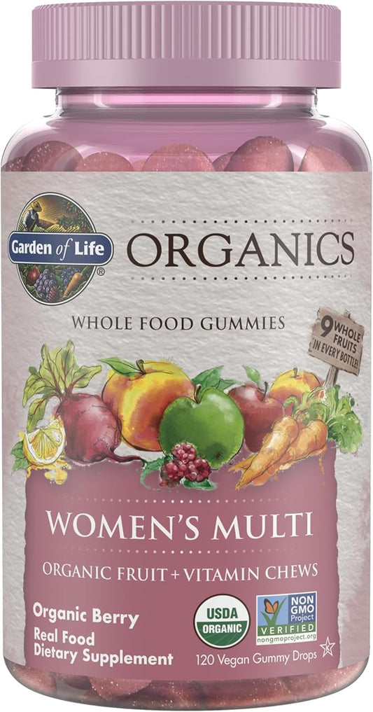 Garden of Life Organics Women's Gummy Vitamins - Berry - Certified Organic, Non-GMO, Vegan, Kosher Complete Multi - Methyl B12, C & D3 - Gluten, Soy & Dairy Free, 120 Real Fruit Gummies