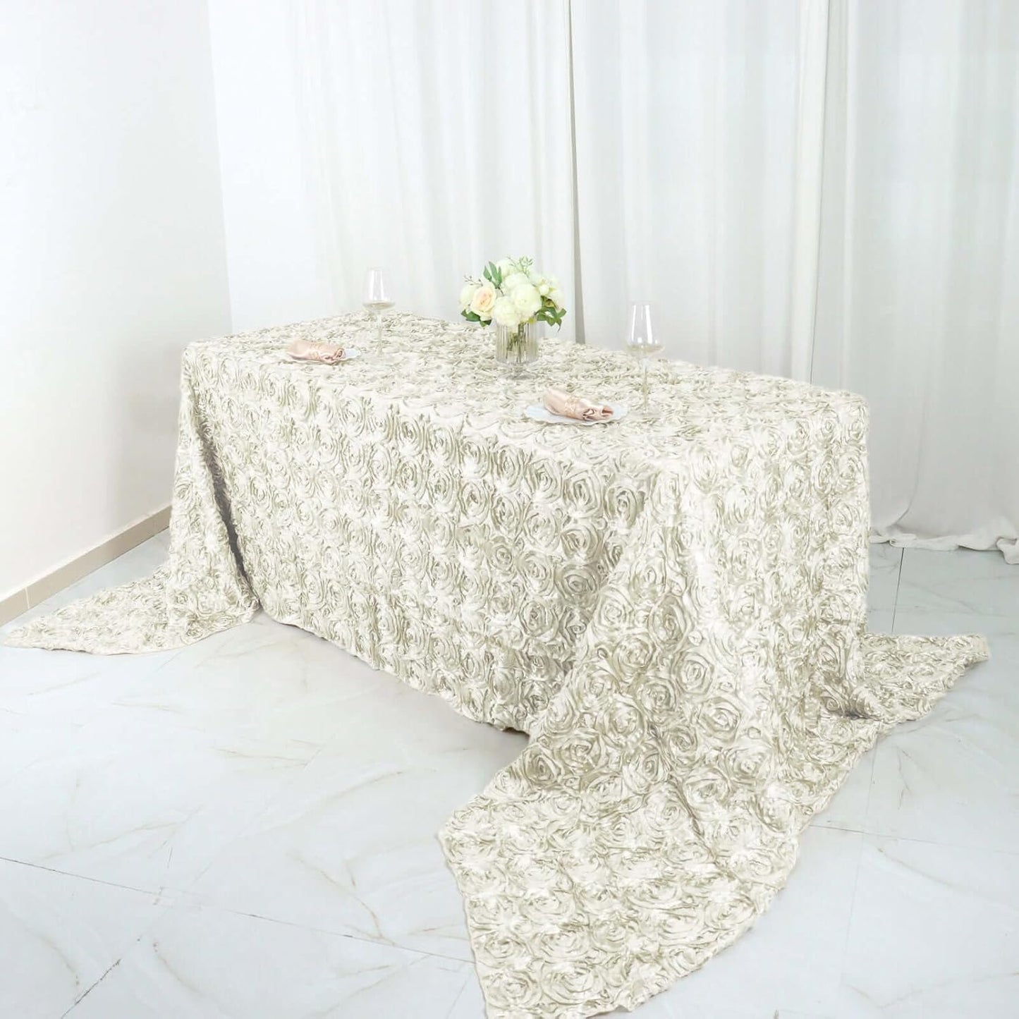 Efavormart 90"x156" Wholesale Rectangle Table Cover Ivory Grandiose Rosette 3D Satin Tablecloth for Wedding Party Event Decoration