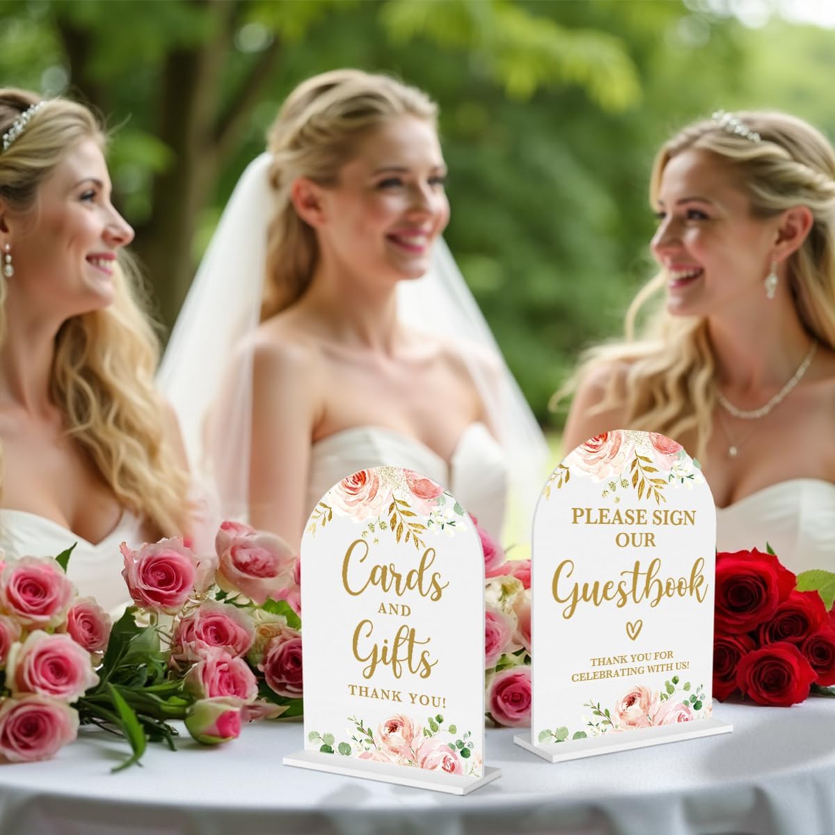 2 Pcs Acrylic Wedding Signs for Reception, Bridal Shower Decorations, Cards and Gifts Signs, Guest Book Sign, Arch Acrylic Table Top Sign with Holder for Wedding Reception (White Pink Flowers)