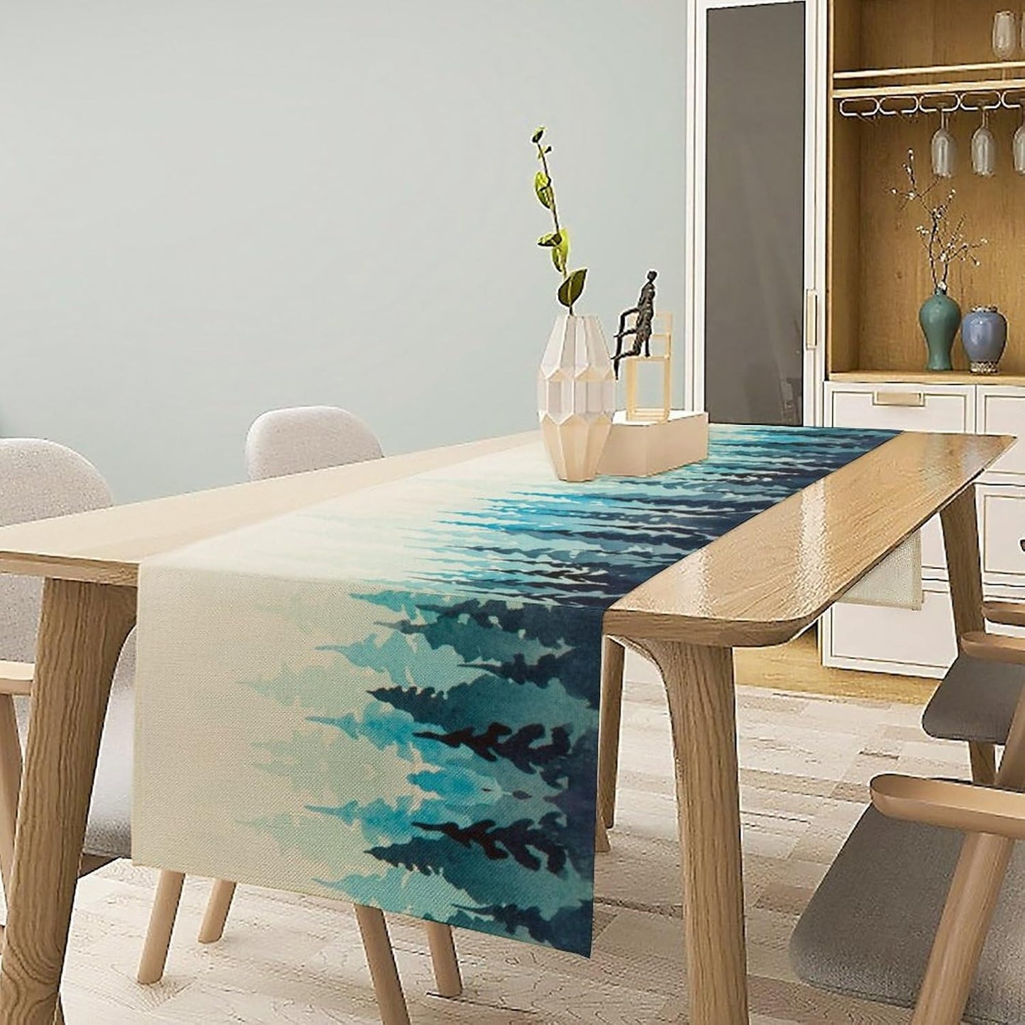 Misty Forest Table Runner,Foggy Blue Forest Landscape Table Runner for Kitchen Dining Table Home Party Decoration 13x108 Inch