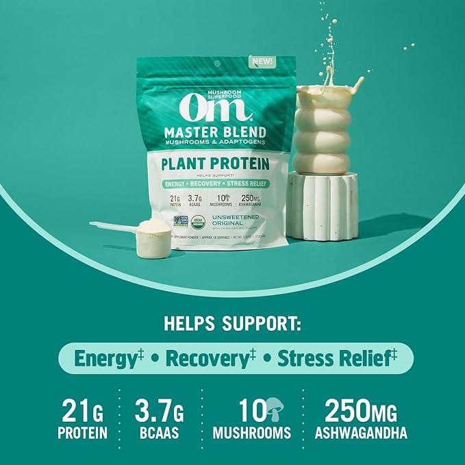 OM MUSHROOM SUPERFOOD Master Blend Mushroom Plant-Based Protein, 16 Servings Unsweetened Original, Unsweetened Plant-Based Protein with 10 Mushrooms & Adaptogens, GLP-1 Support