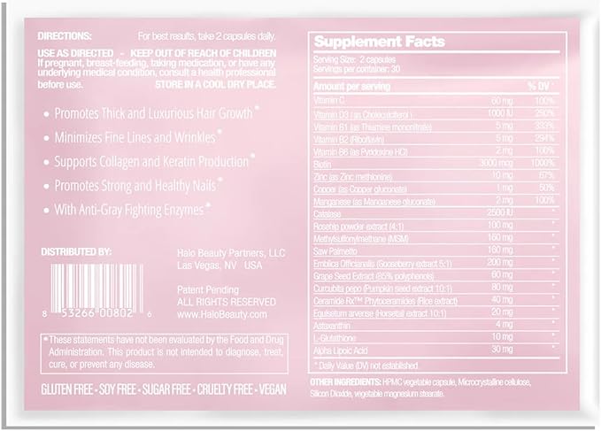 Halo Beauty Hair, Skin & Nails Refill Pack - 60 Capsule Vegan Biotin, Collagen & Keratin Supplement - Visibly Thicker Hair, Radiant Skin & Stronger Nails