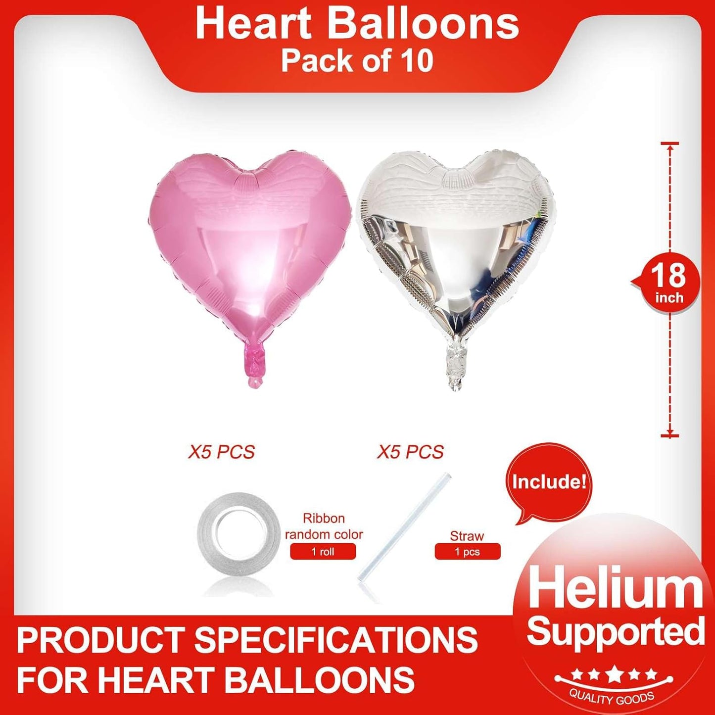 Pink Heart Shaped balloons Pack of 10, 18 Inch Love Valentine Balloons Silver Heart Romantic Balloons For Valentines Day Propose Marriage Wedding Bridal Shower Engagement Party Decorations