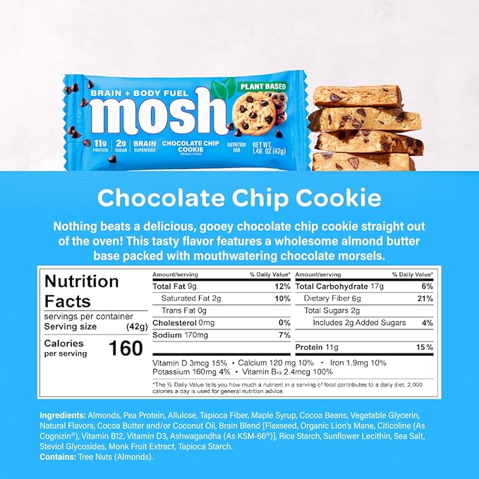 MOSH Chocolate Chip Cookie Vegan Protein Bars, Plant Based, Keto, Gluten Free, Brain Healthy Snack with Cognizin, Ashwagandha and Lion's Mane, 12 Count