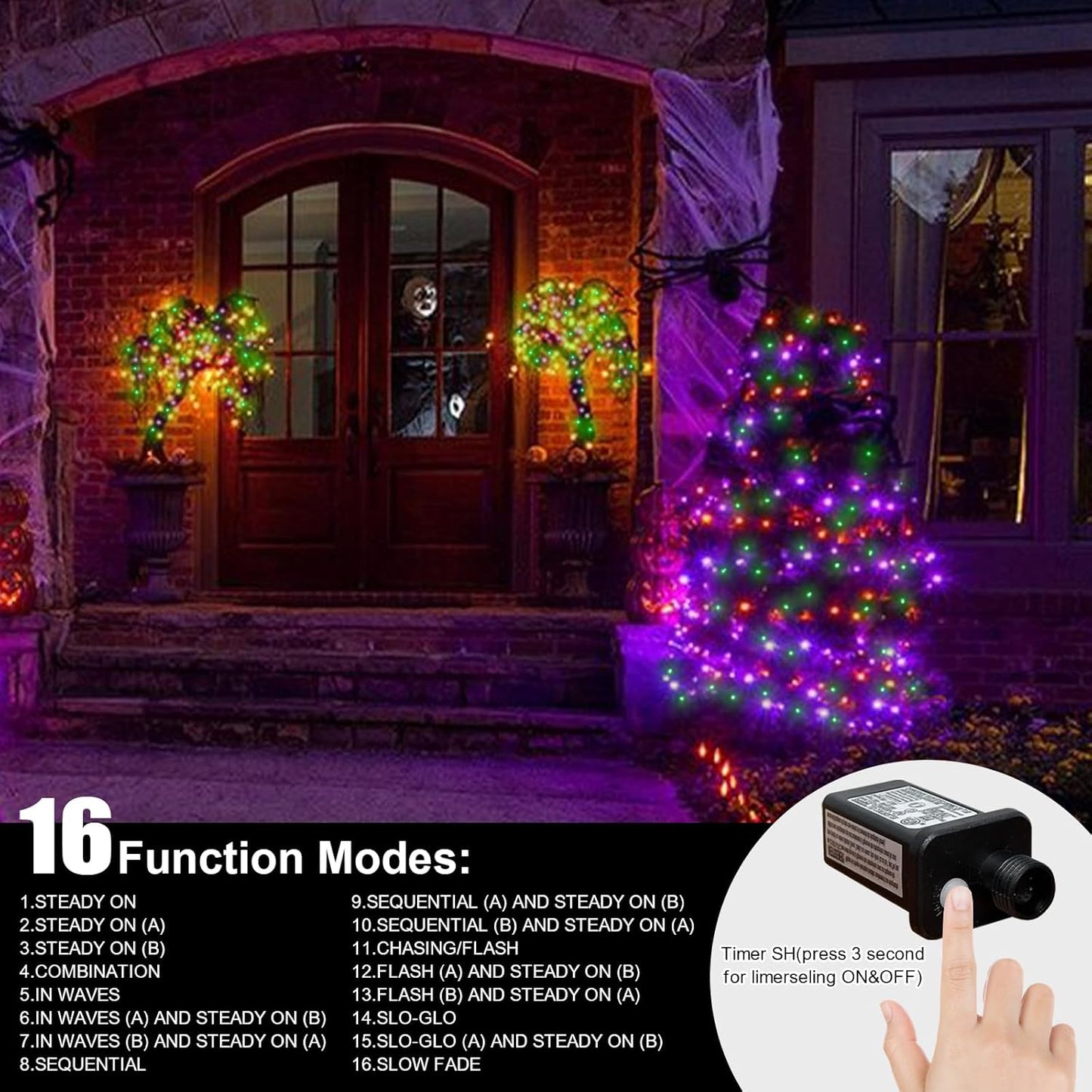 LAMPHOME 33ft Halloween Decorative Mini Lights, 100 LED Clear Wire Fairy Starry String Lights Plug in, 16Lighting Modes for Halloween Outdoor Party Decoration (Orange/Purple/Green)