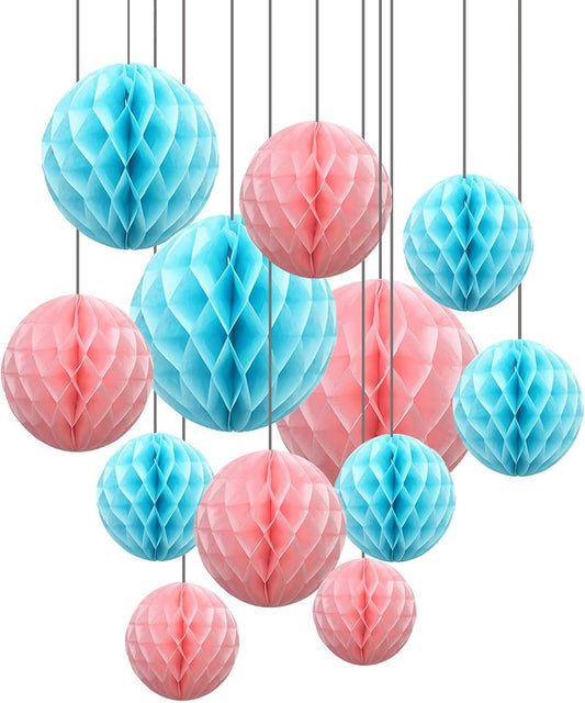 ZOOYOO 12Pcs 6" 10" Honeycomb Balls Decorations Hanging Tissue Paper Pom Poms for Gender Reveal,Baby Shower,Birthday Party,Baptism,Wedding,Nursery & Home Decor(Pink Blue)