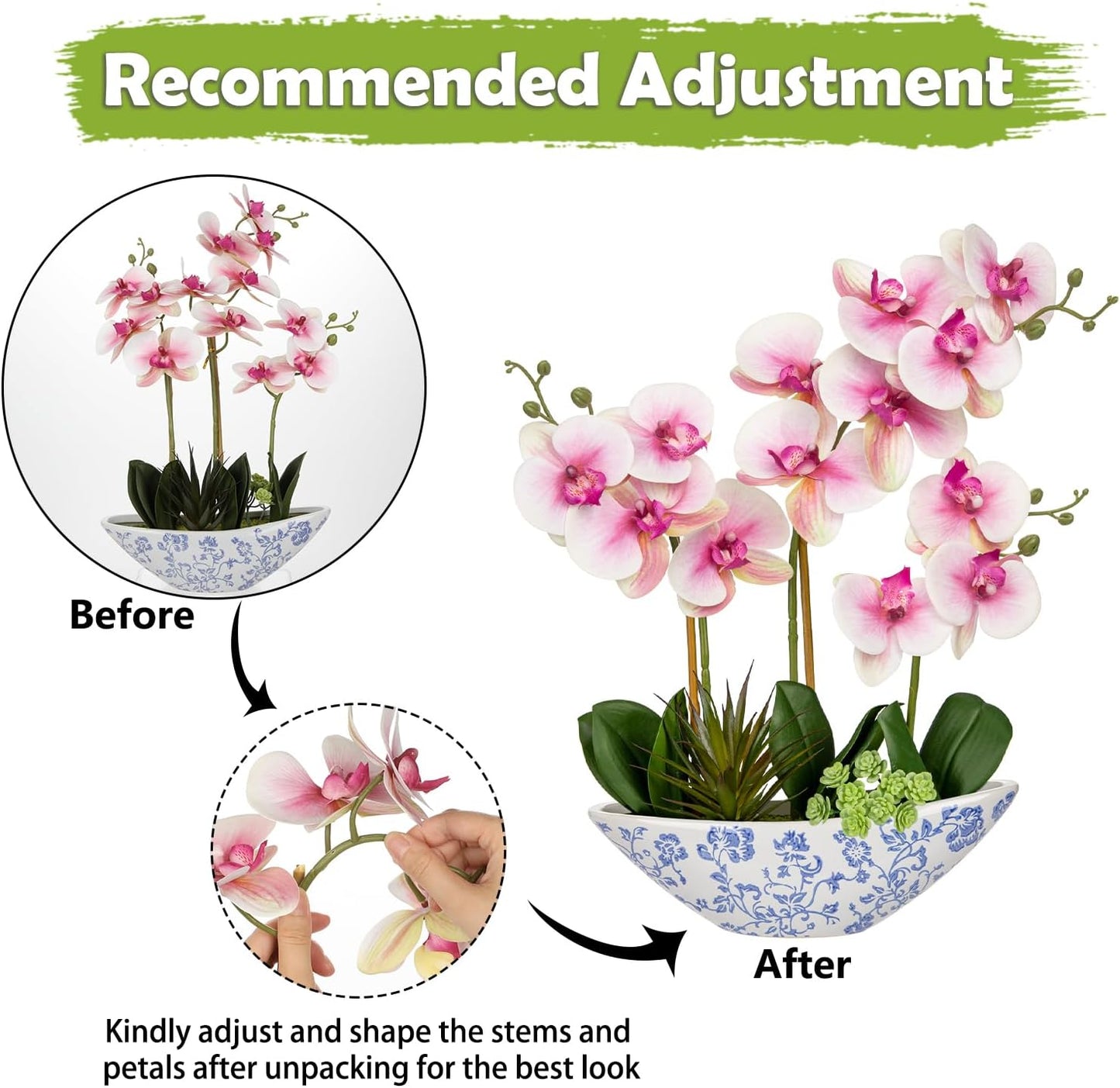 Briful Pink Orchid Fake Flowers 17in Artificial Orchid Silk Flowers in Blue and White Ceramic Vase Faux Orchid Arrangement for Elegant Home Office Room Dining Table Centerpiece Shelf Modern Decor