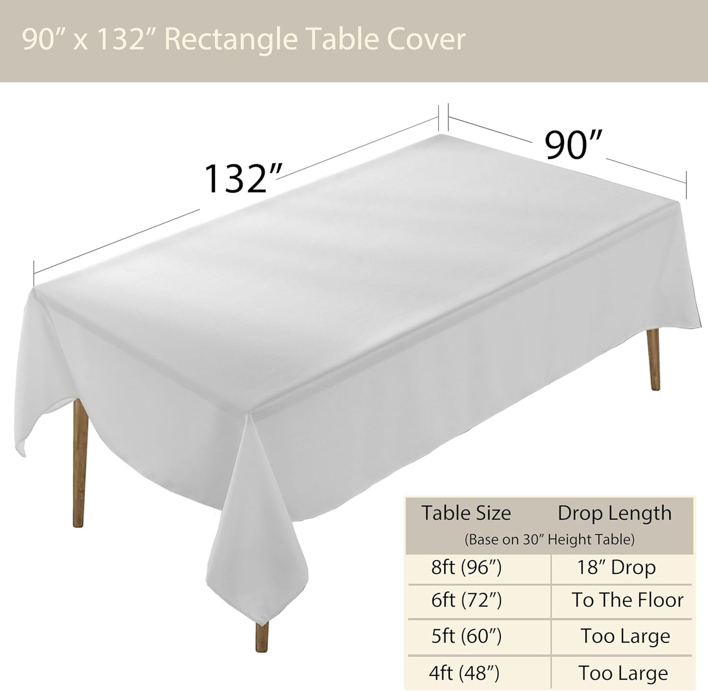 Craft And Party Rectangle Tablecloth, 90 x 132 Inch White Tablecloth, 8ft Rectangle Table Cloth, Polyester Fabric Washable Tablecloth for Home, Party, Wedding or Restaurant Use.