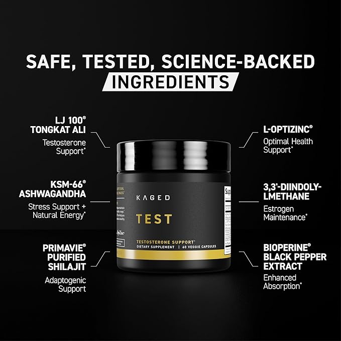 Kaged Test Capsules | Unflavored | Testosterone Booster Ferodrox | Premium Hormone Managment | LJ100 Tongkat Ali KSM-66 Ashwagandha Shilajit | Supplements for Men & Women | 60 Servings