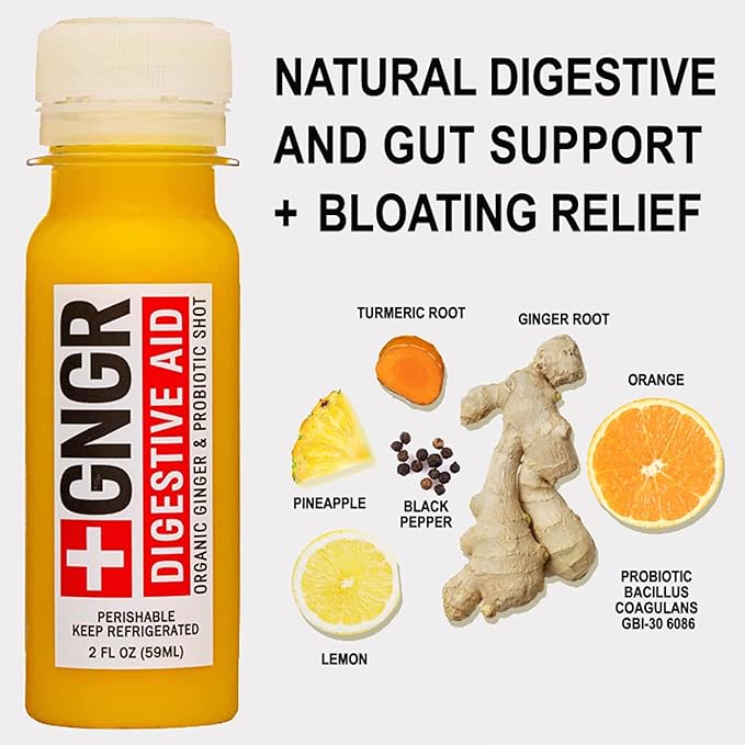 +GNGR Digestive Aid Organic Ginger Shots with Probiotics, Gut Health, Colon Cleanse, Bloating Relief, Gut Detox, Immunity Shots with Ginger Juice, Turmeric, Black Pepper. (2 Oz, Pack of 12)