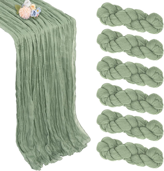 6 Pack Sage Green Table Runner 10ft Boho Gauze Fabric Cheesecloth Table Runner 35 x 120 Inch Rustic Sheer Runner for Wedding Centerpiece Decor Baby Shower Party Table Decorations