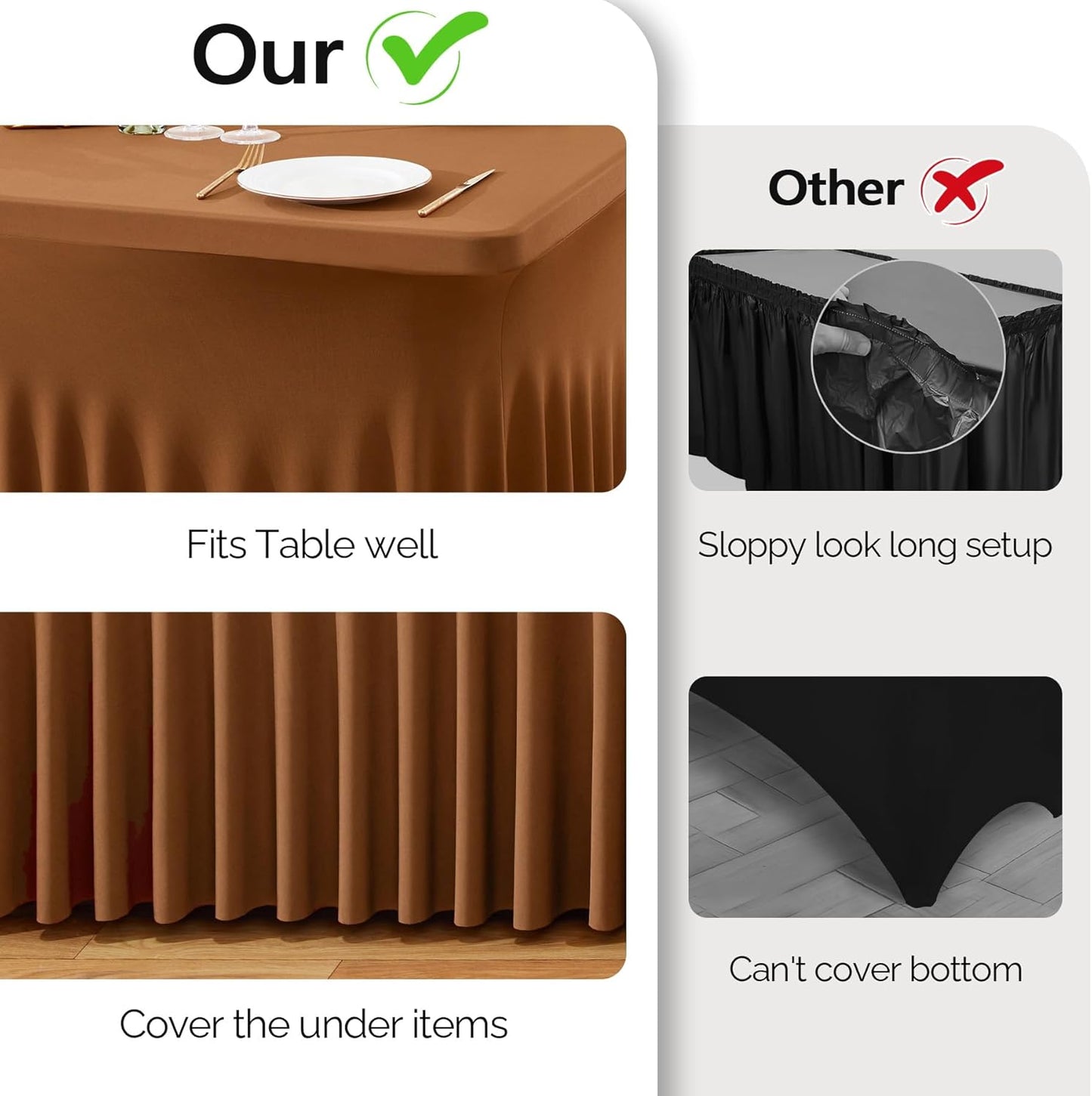 Wish Care 2 Pack Brown Spandex Table Clothes for 8 Foot Rectangle Tables, 8FT Wrinkle Free Fitted Tablecloths Ruffles Design Table Cover for Party, Banquet, Wedding and Events