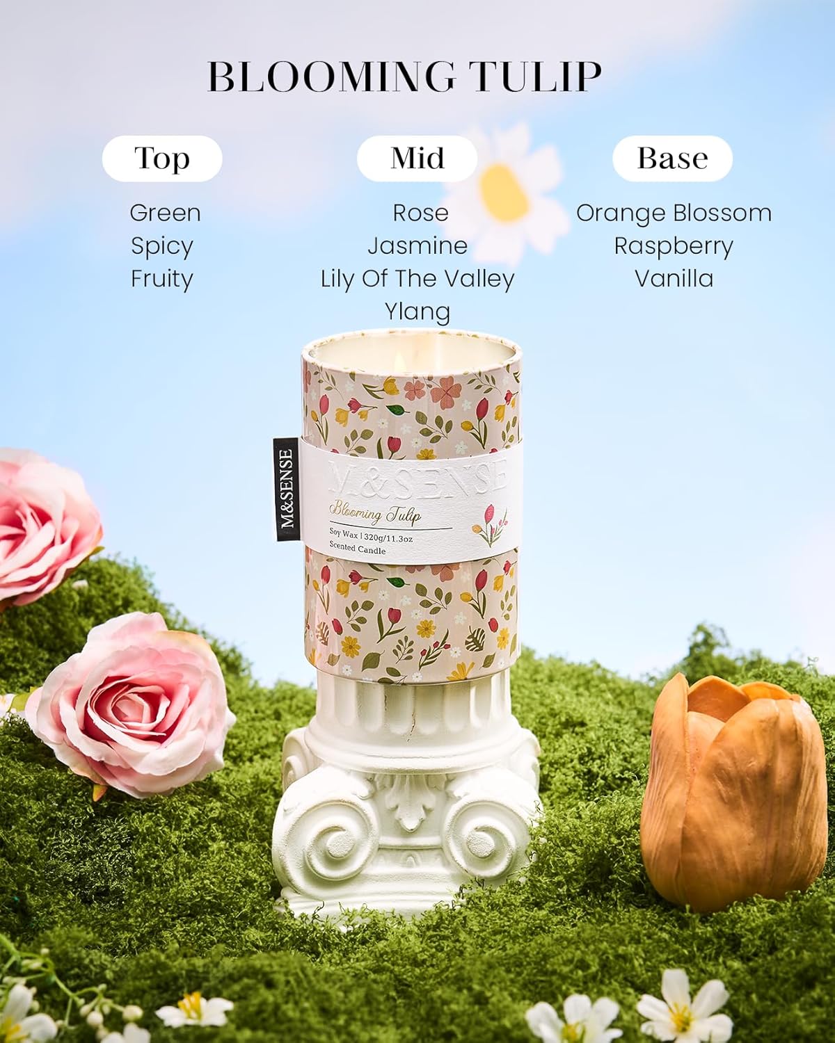 M&SENSE Blooming Tulip Scented Candle, Medium Jar Candle 11.3oz Natural Soy Wax for Home Scented, Floral Candles Gift for Spring Holiday, Up to 70 Hours Burning Long-Lasting Fragrance