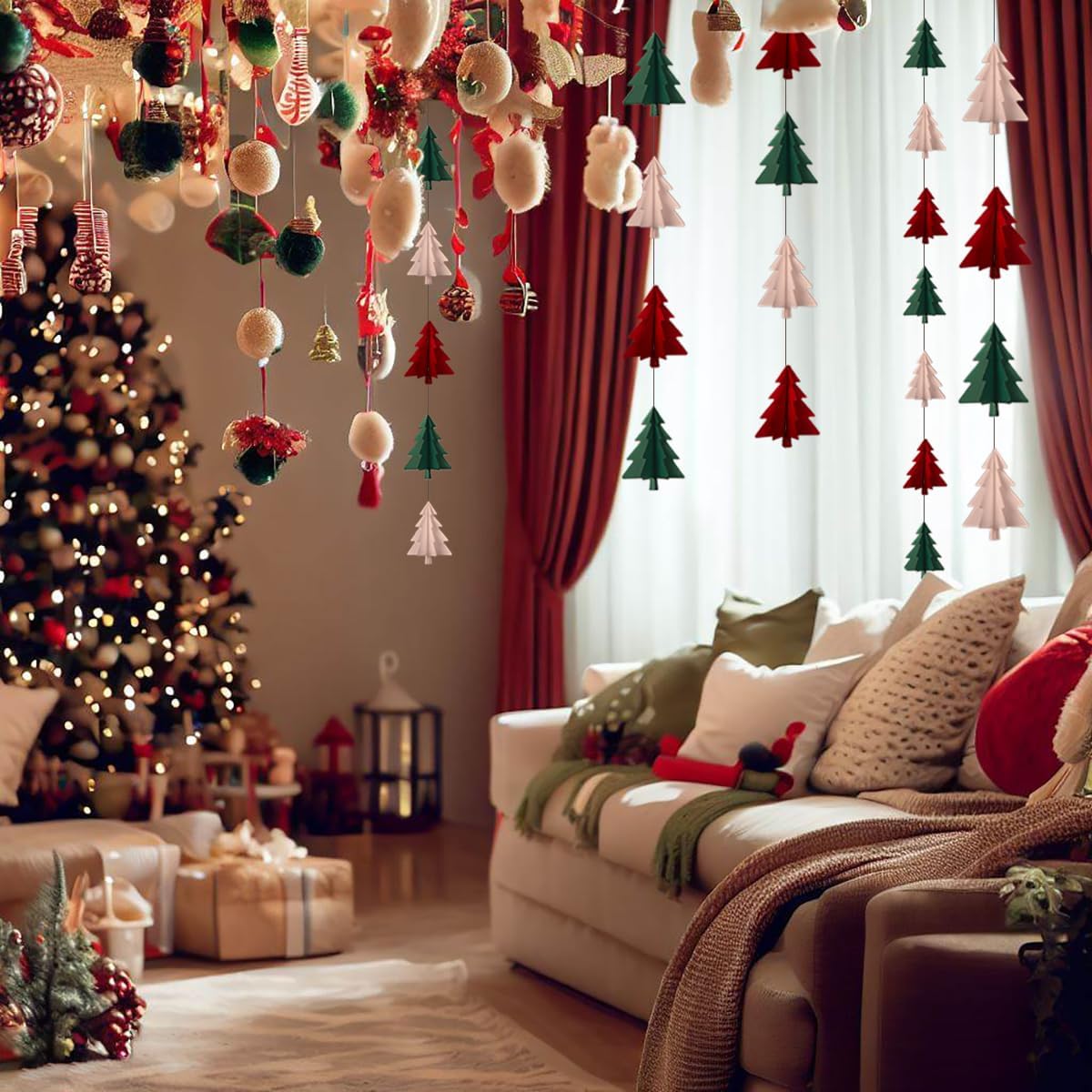 Red White Green Christmas Decorations - 23pcs Tissue Paper Flowers Pom Poms Tassel Garland Banner 3D Christmas Tree Paper Streamers Birthday Party Decorations For Home Indoor Outdoor Hanging Decor
