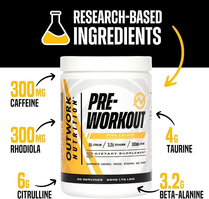 Outwork Nutrition Pre Workout Powder for Men & Women - Pre-Workout Supplements Without Creatine, Nootropic Preworkout with Citrulline Malate Beta Alanine Taurine Rhodiola Caffeine (Pina Colada)