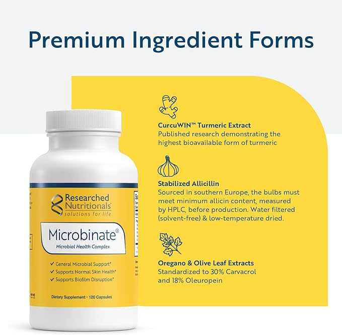 Researched Nutritionals Microbinate - Microbial Health Complex - Promotes Healthy Inflammation Response, Biofilm Disruption & Immune Support - Olive Leaf, Oregano & Turmeric Extract (120 Capsules)