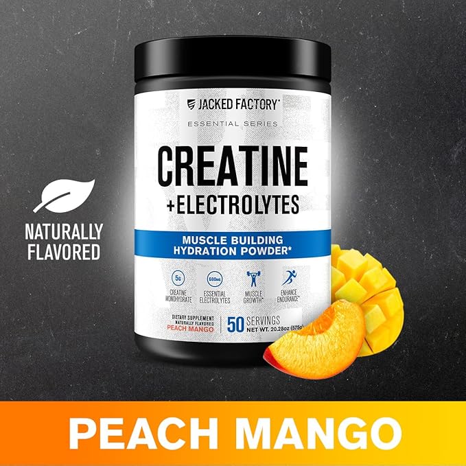 Jacked Factory Creatine + Electrolytes - Creatine Monohydrate with Taurine, Calcium, Sodium, & Potassium to Increase Muscle Growth, Strength, Hydration, & Endurance - 50 Servings, Peach Mango