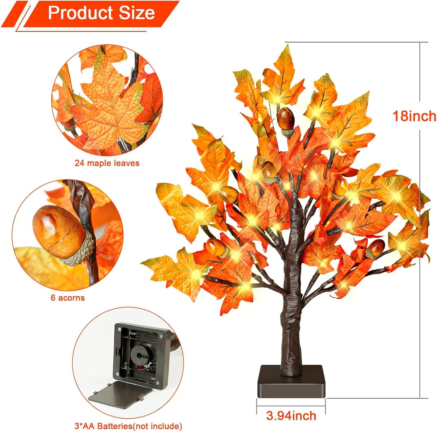 2 Pack 18 Inch Prelit Fall Maple Tree with 36 LED Lights, 6 Acorns, 1.5ft Tabletop Autumn Artificial Tree, Fall Centerpieces for Thanksgiving Decoration, Christmas Halloween Harvest Home Decor