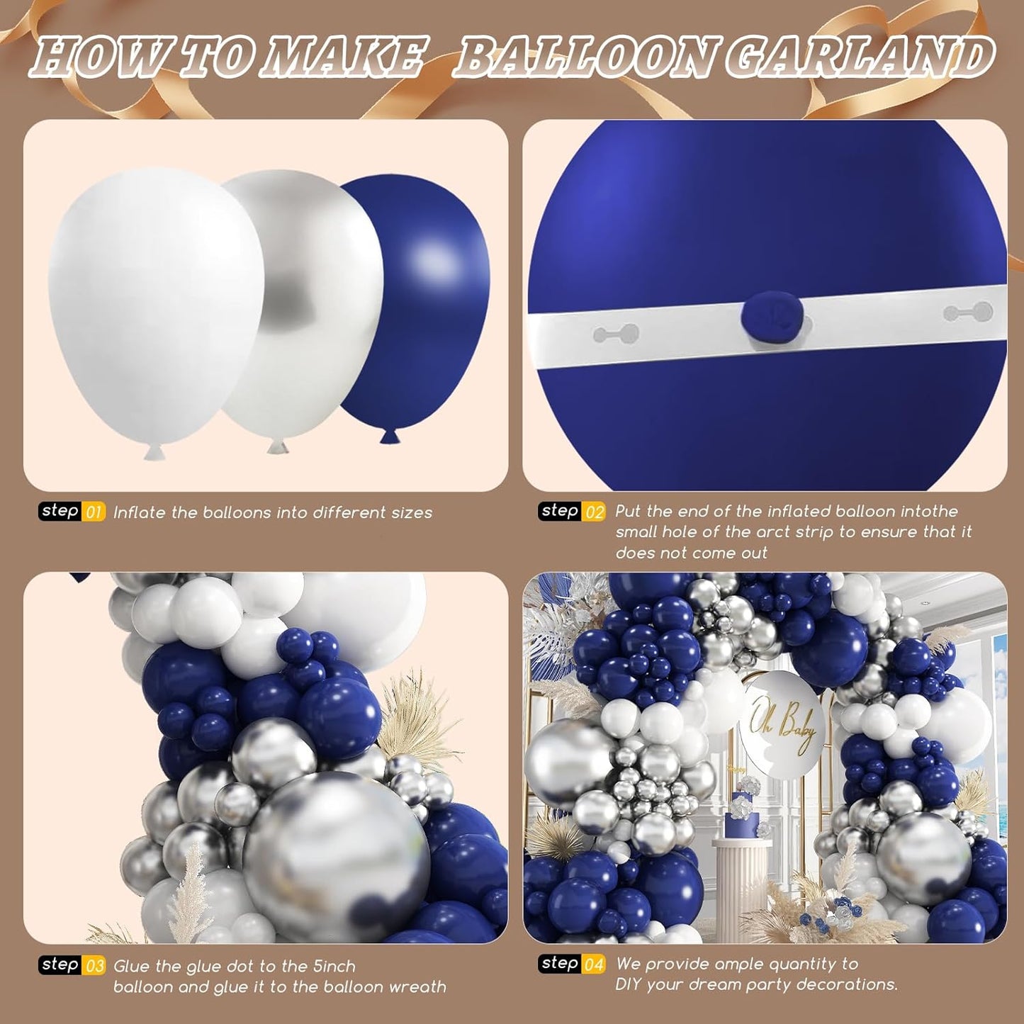 412Pcs Navy Blue and Silver Balloons Arch Garland Kit,5 10 12 18 inch Navy Blue White Silver Balloons for Birthday Wedding Graduation Anniversary Decorations
