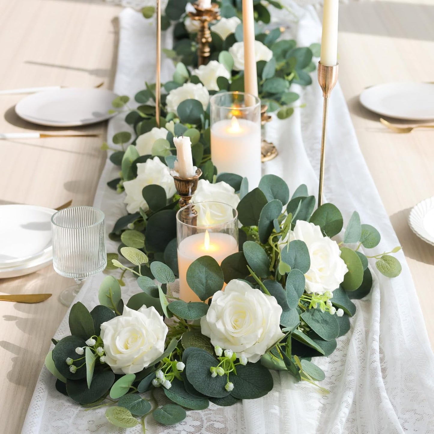 MACTING 2 Pack 13.2FT Flower Garland with 24 White Roses - Spring Gypsophila Eucalyptus Garlands Artificial Floral Greenery Vines for Arch Table Centerpieces Backdrop Party Home Wedding Decorations