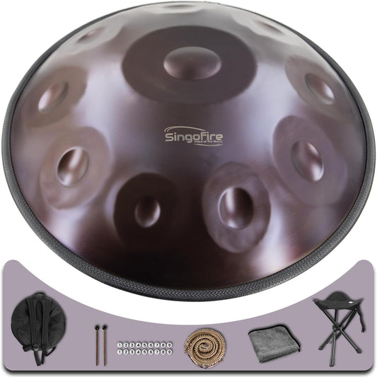 "SINGOFIRE" 10-Notes Handpan Drum, Handpan Drums for Adults, 22-Inch 440Hz D Minor Kurd Handpan, HandPan Instrument with Soft Handpan Bag, 2 Handpan Mallets, Handpan Stand and Dust-Free Cloth(Purple)