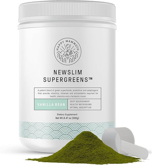 Happy Mammoth NewSlim SuperGreens with Spirulina, Chlorella & Prebiotics Blend for Adults, Supports Metabolism, Energy & Reduces Carb Cravings, 24 Servings, Vanilla Flavor
