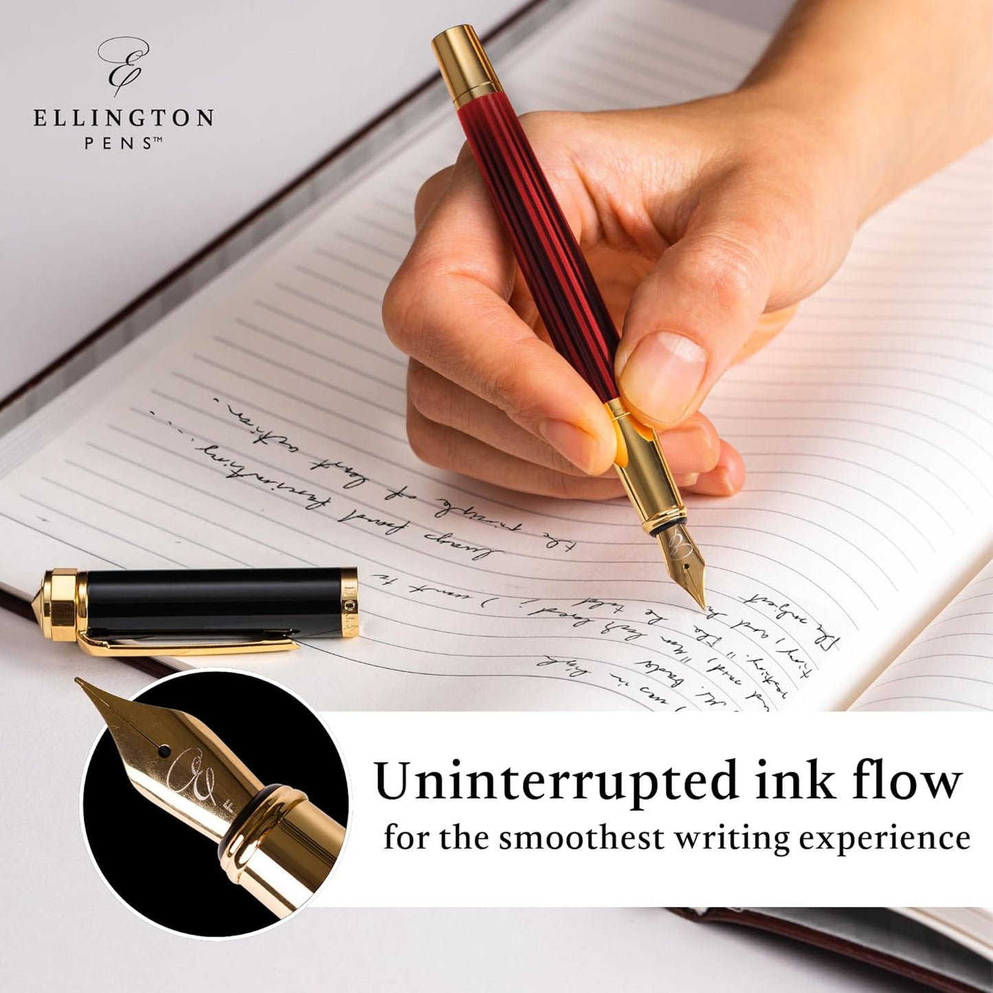 Ellington Pens Luxury Fountain Pen Set- Fountain Pens for Writing - Smooth Medium Nib - Includes Refillable Ink Converter, 3 Ink Cartridges [Black & Blue], Gift Box - Elegant Calligraphy