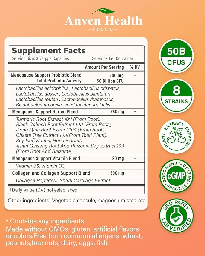 Menopause Supplements for Women,Vitamin D3 & B6,Menopause Probiotics Relief, Supports Hot Flashes, Night Sweats, Bloating & Gut Health with Herbs, Collagen Peptides | 270 Veggie Caps