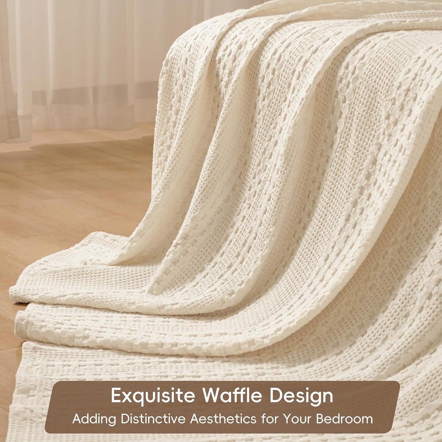 PHF 100% Cotton Waffle Weave Blanket Twin Size for Bed, Soft Lightweight & Breathable, All-Season Comfort, Luxury Aesthetic Woven Bedding for Home Decor, 66"x90", Undyed