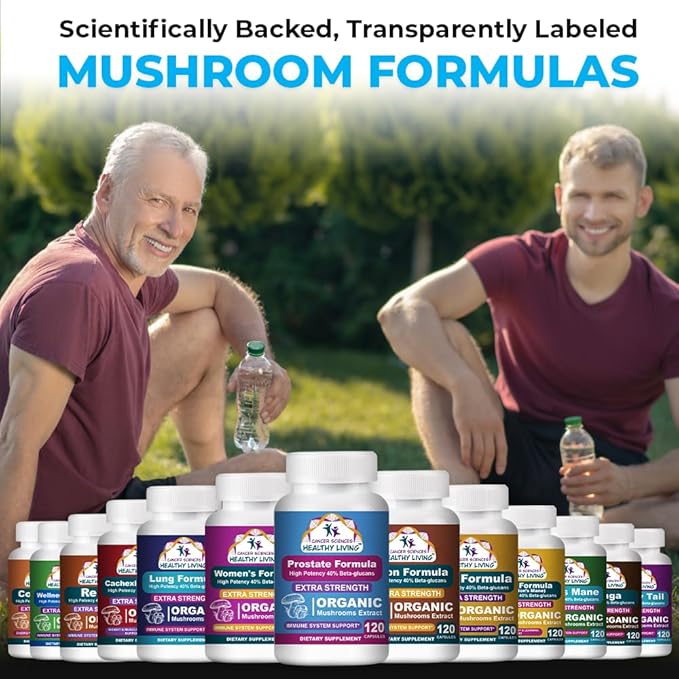 Cancer Sciences Prostate Wellness Supplements for Men, USDA Certified Organic Mushrooms Extract, Extra Strength 1,500 mg, High Potency 40% Beta-Glucans, Immune, Anti-Aging, Antioxidants, 120 Capsules