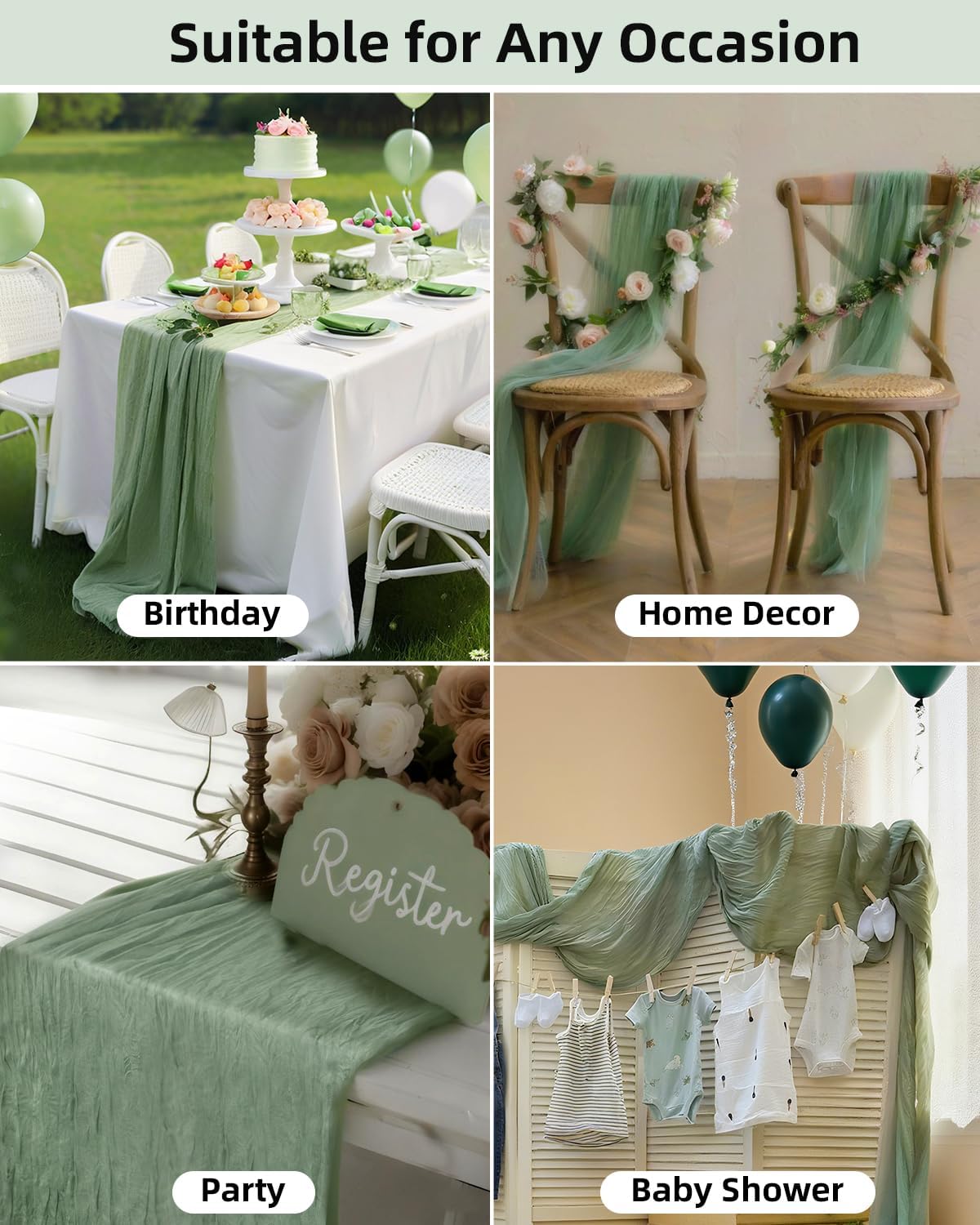 Sage Green Cheesecloth Table Runner 120 Inch, Boho Rustic Gauze 10 FT, Summer Cheese Cloth Runner for Wedding, Baby Bridal Shower, Party, Farmhouse Centerpiece Home Decorations