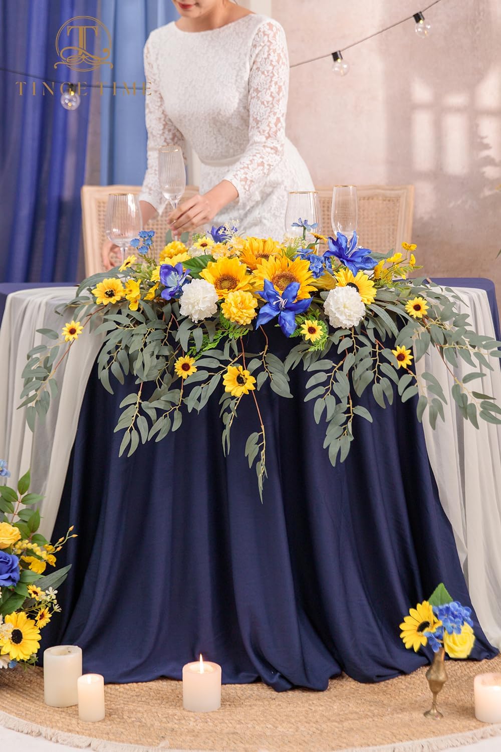 TINGE TIME Artificial Sweetheart Flower Swag with Tablecloth and Table Runner, Pack of 3 Floral Arrangement for Wedding Sweetheart Table Centerpiece Decoration Valentine's Day (Sunflower&RoyalBlue)