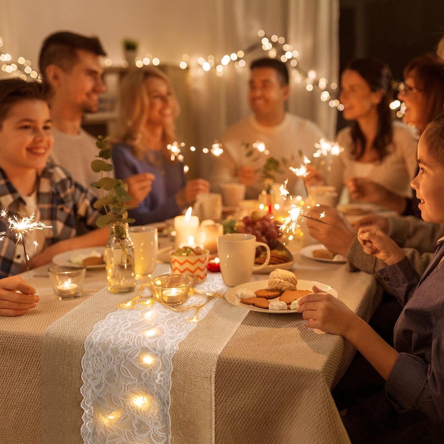 Xinnun 12 Pcs Burlap Table Runner with Lights 12 x 108 Inches Burlap Lace Table Runner Rustic Wedding Decorations Home Party (Flower)