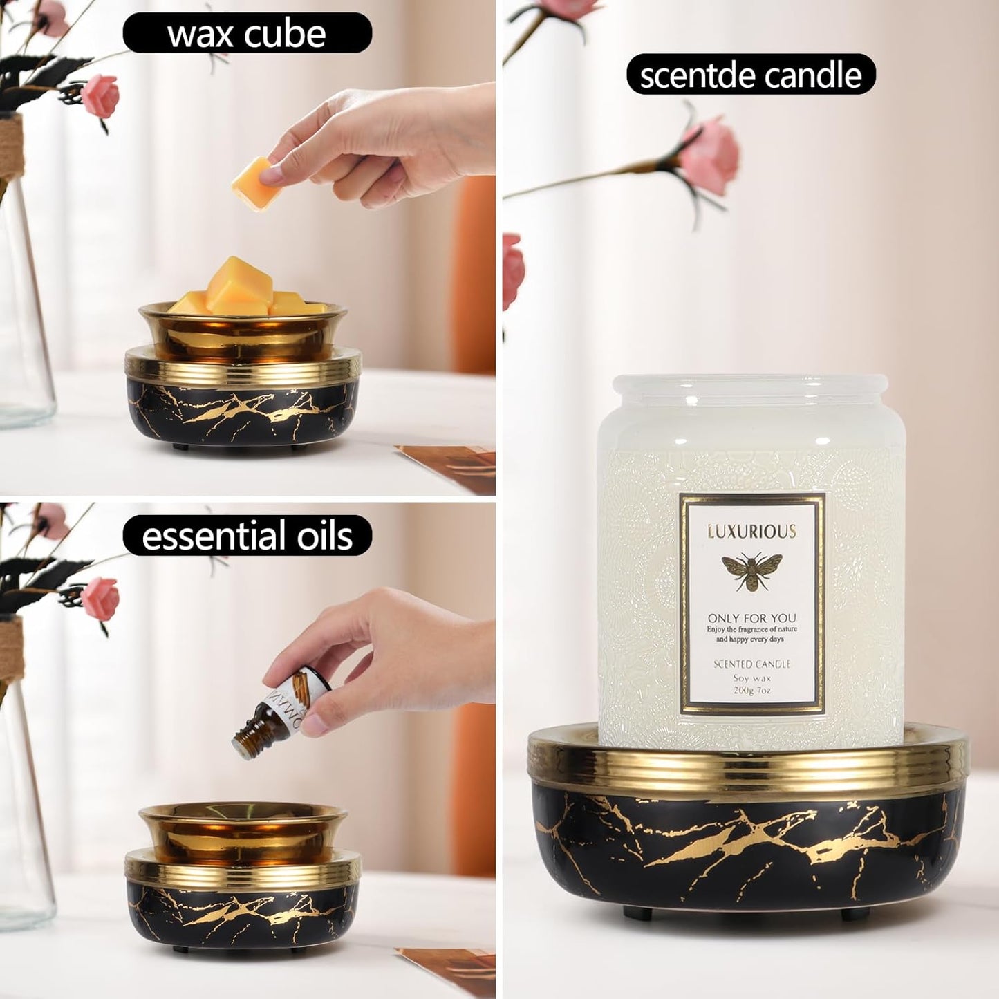 mocosa Ceramic Wax Melt Warmer Candle Warmer 3-in-1 Wax Warmer for Scented Wax Burner Electric Melter as Gifts for Mom Grandma Women（Black Gold）