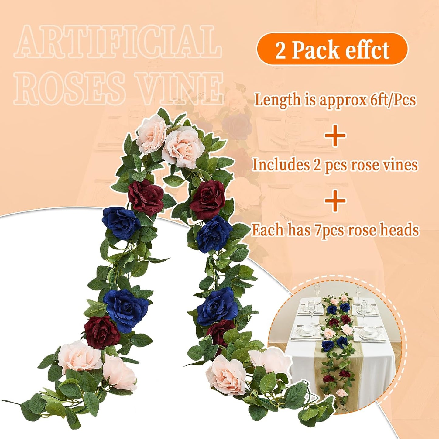 Artificial Rose Garlands Rose Vines Leaves Banners Hanging Floral Garland Fake Rose Flower Vine for Wedding Arch Ceremony Home Garden Outdoor Party Wall Decorations