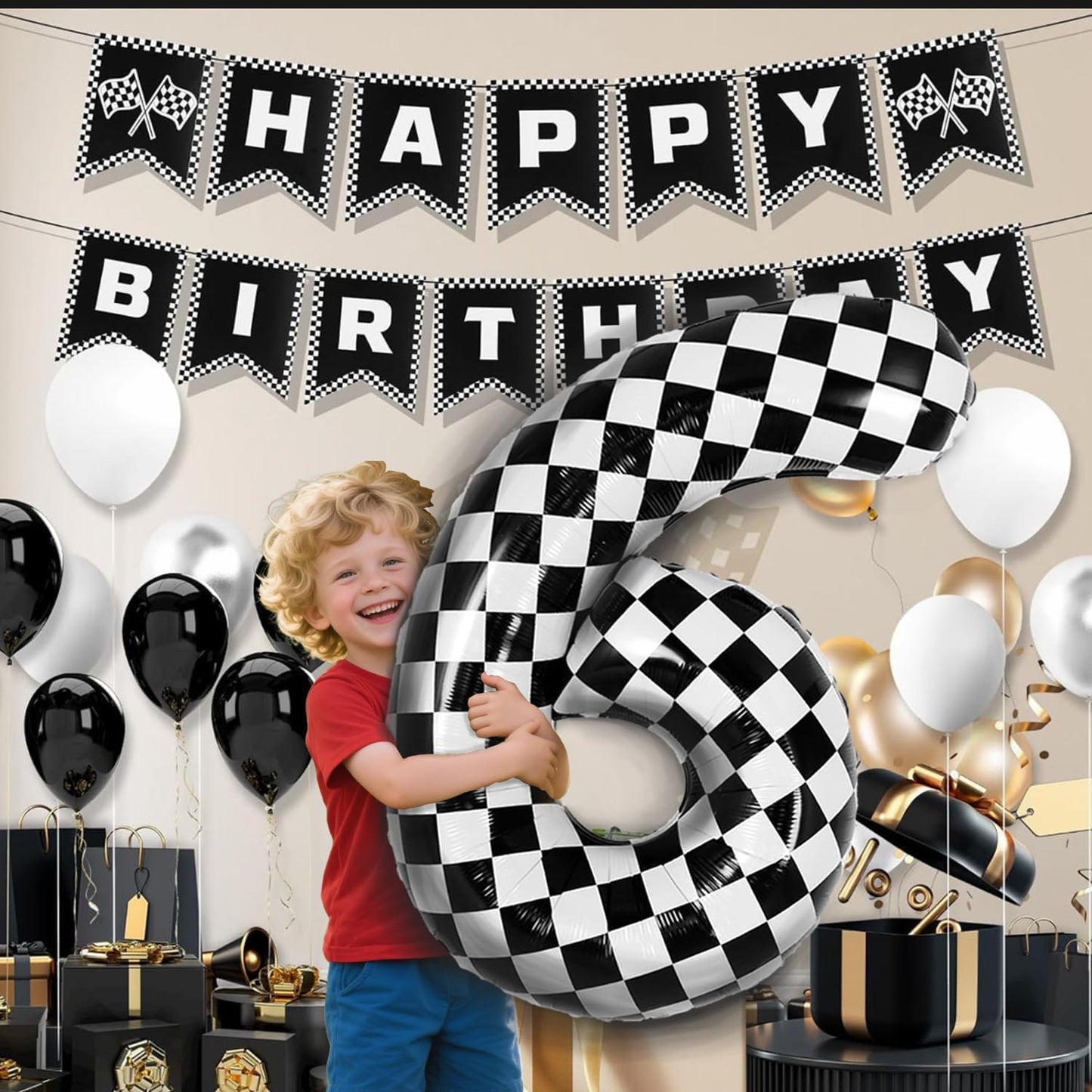 40 Inch Checkered Number Balloon - Race Flag Pattern Big Helium Balloon for Birthday Party Decorations - Black & White Balloon for Kids Adults Party Supplies(Racing Car, Number 6)