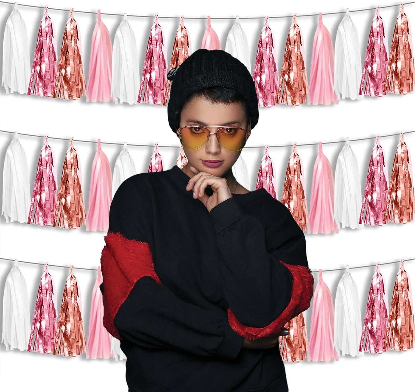 3P Metallic Fringe Tassel Banner Garland Foil Tinsel Streamer Wall Hanging Curtain Backdrop for Parade Floats, Graduation, Wedding, Birthday, Retirement Party Decorations(Rose-Gold Pink White)